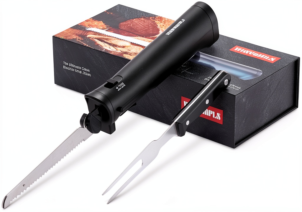 Wanvoapls electric knife with serrated blade and fork on a cutting board