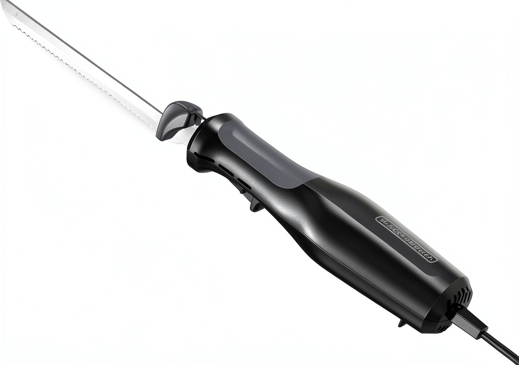 BLACK+DECKER EK510B electric knife slicing through a roast on a cutting board