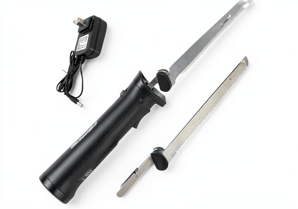 Elite Gourmet electric knife with stainless steel blades on a kitchen counter