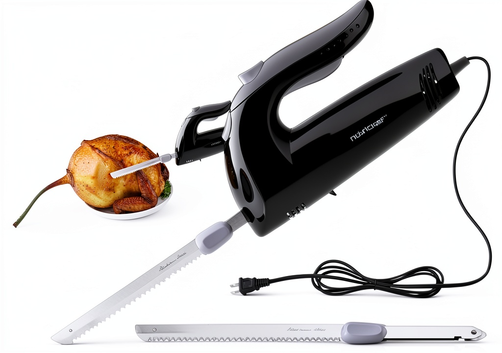 NutriChef electric carving knife with serrated blades on a cutting board