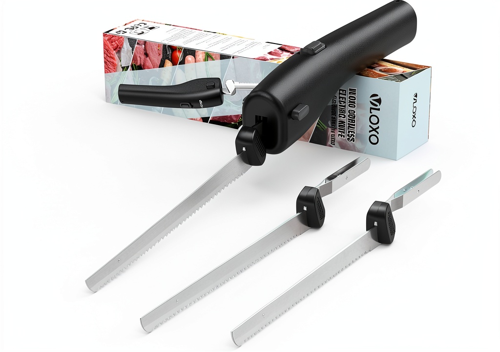 VLOXO Cordless Electric Knife with stainless steel blade on a kitchen counter