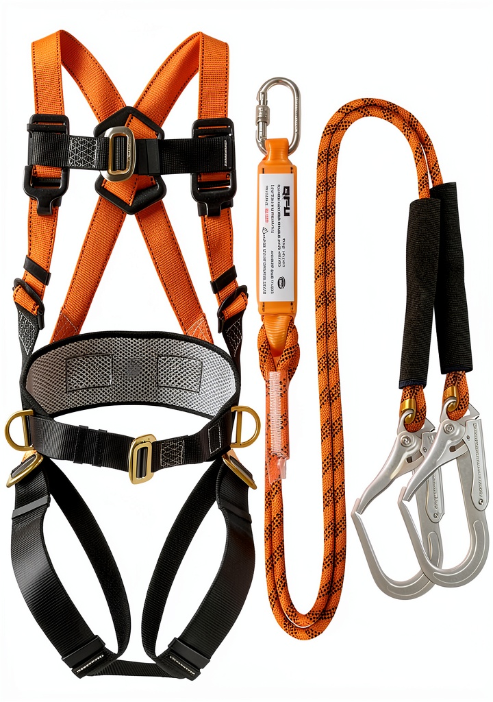 Worker wearing QFU fall protection harness on a construction site