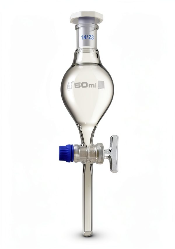 Separating Funnel 50ml Pear Shaped by EISCO with 14/23 Plastic Stopper-0